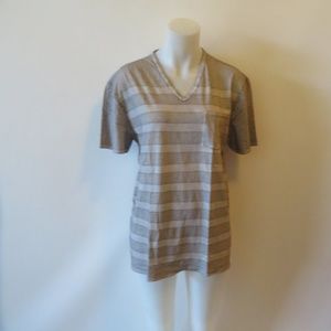 JOHN VARVATOS TAUPE STRIPED COTTON V-NECK TOP SZ L